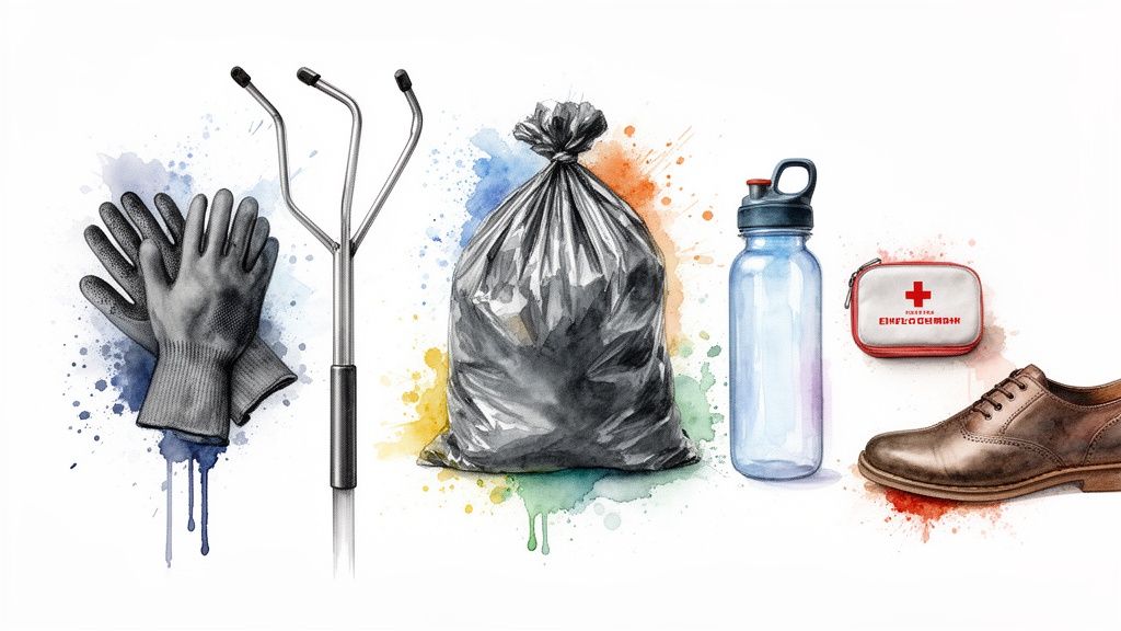 Various items for a volunteer trash cleanup including gloves, rake, trash bag, water bottle, and first-aid kit.