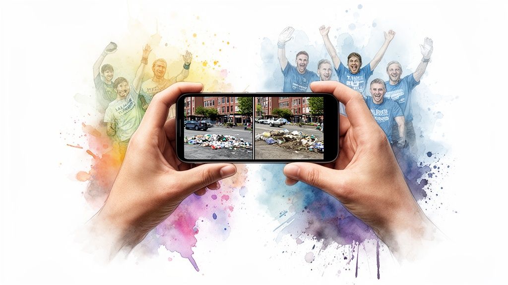 Hands holding a phone showing street litter, flanked by cheering people in watercolor style.