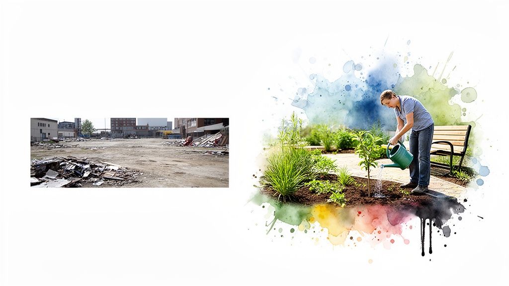 Two panels contrasting a desolate, rubble-filled lot with a man watering a new plant in a vibrant garden.