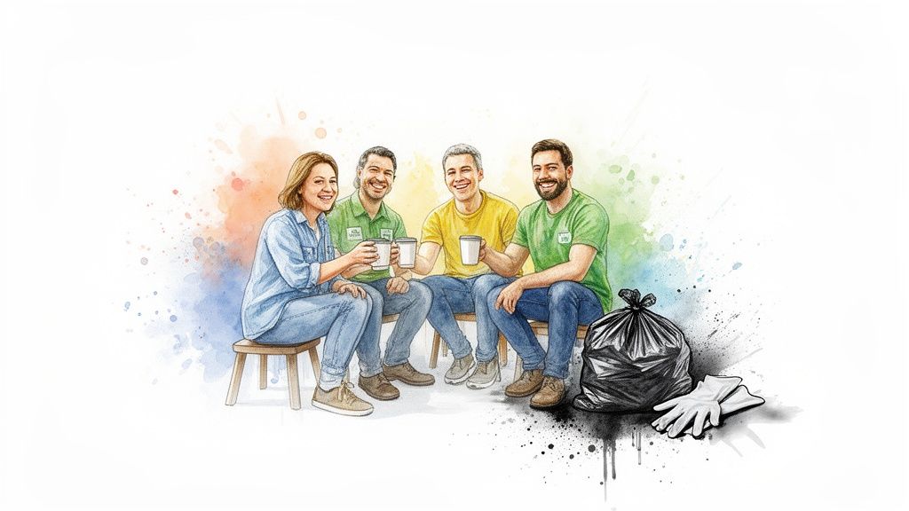 Four smiling volunteers, three men and one woman, enjoy a coffee break after a community cleanup.