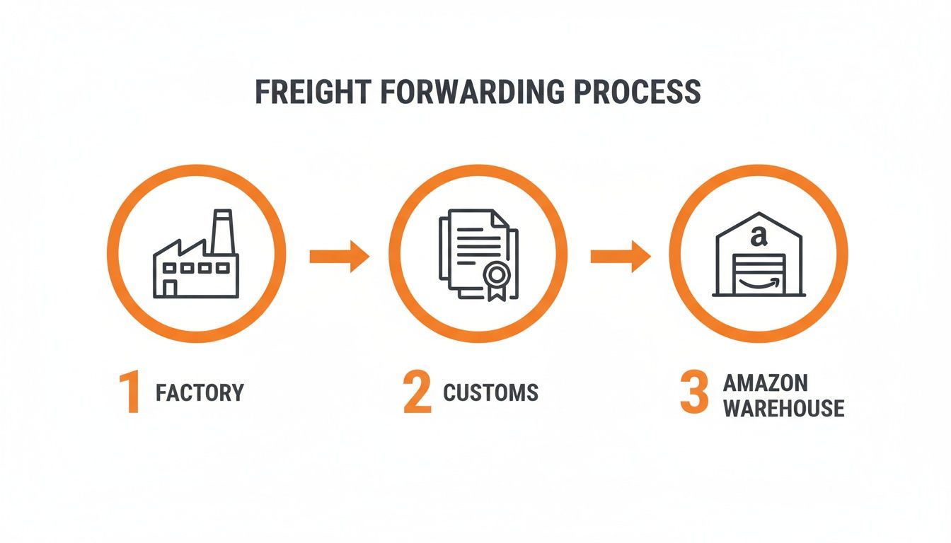 Visual diagram illustrating the freight forwarding process: factory, customs, and Amazon warehouse delivery.