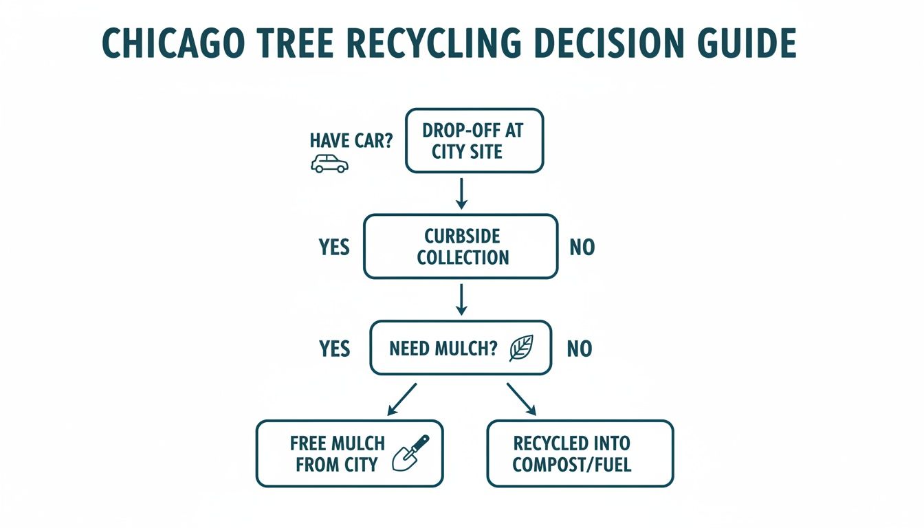 A flowchart guiding Chicago residents on how to recycle their Christmas trees, offering options like drop-off, curbside, mulch, or composting.