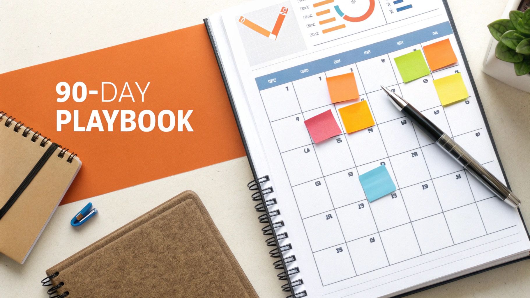 A desk with a 90-Day Playbook banner, an open calendar notebook, colorful sticky notes, and other notebooks.
