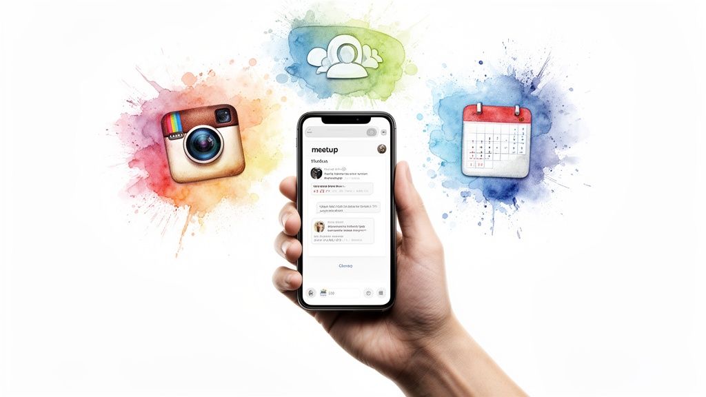 A hand holds a smartphone displaying a meetup app, surrounded by watercolor icons of Instagram, community, and a calendar.