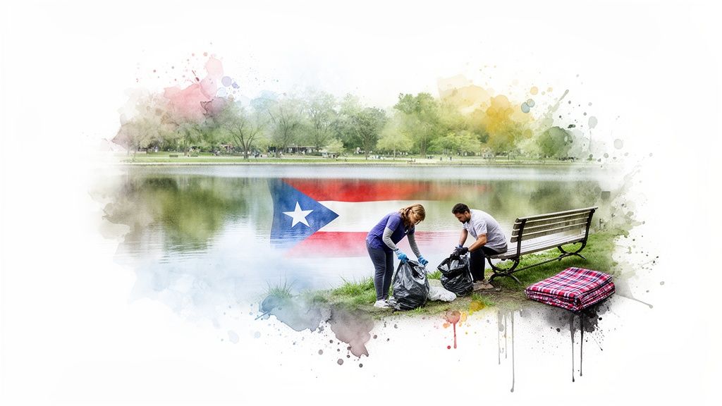 Volunteers clean a park near a lake, reflecting the Puerto Rican flag with watercolor effects.
