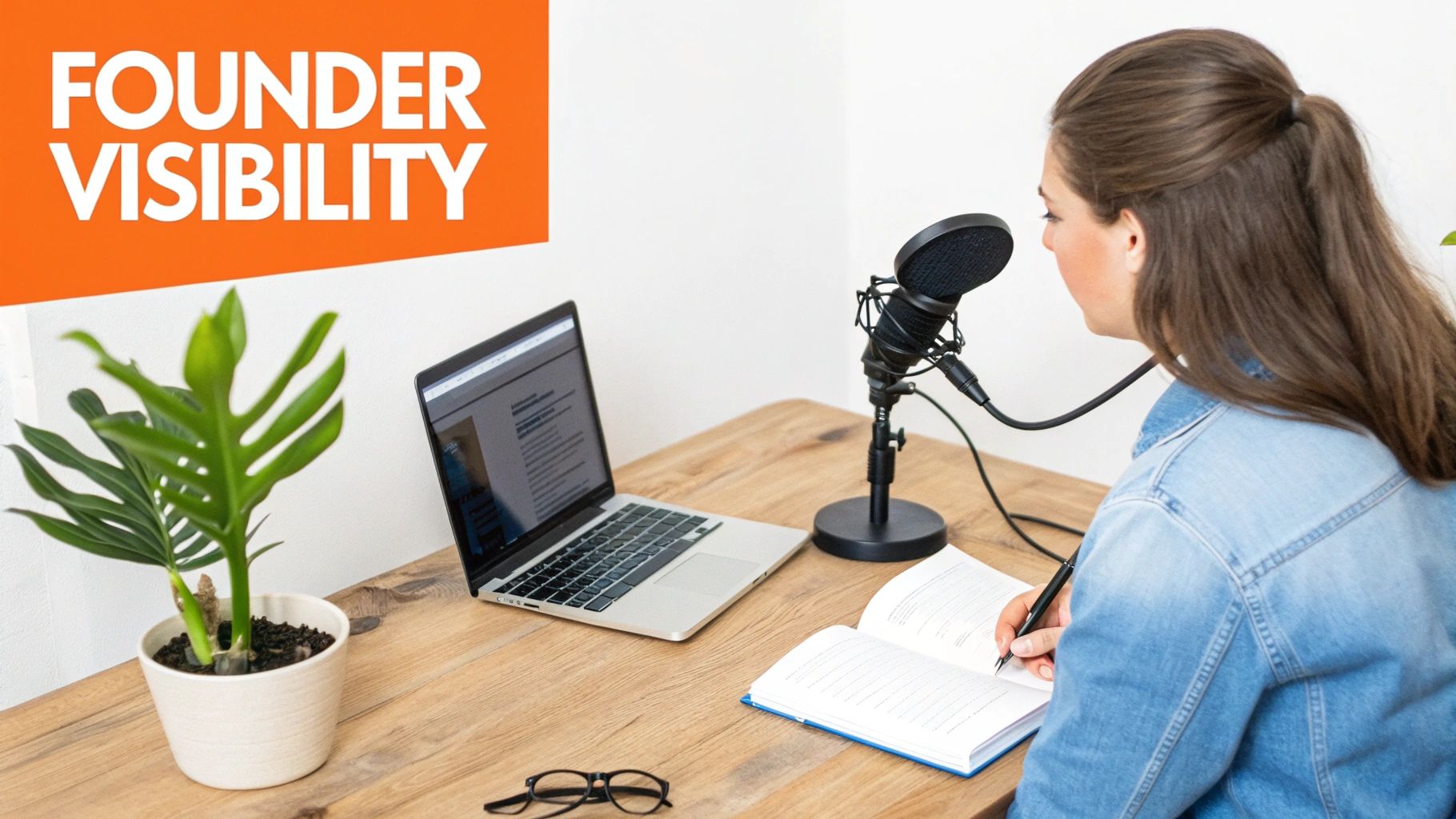 A woman records a podcast at a desk with a laptop, plant, and 'FOUNDER VISIBILITY' text.