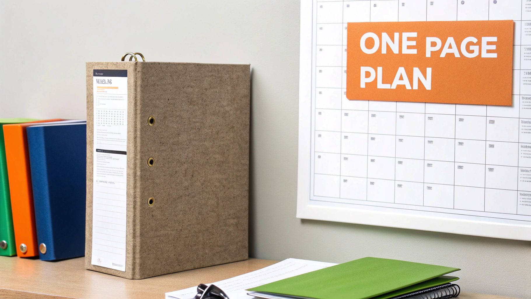 A desk with colorful file binders, a brown binder, documents, and a calendar with a 'ONE PAGE PLAN' sign.