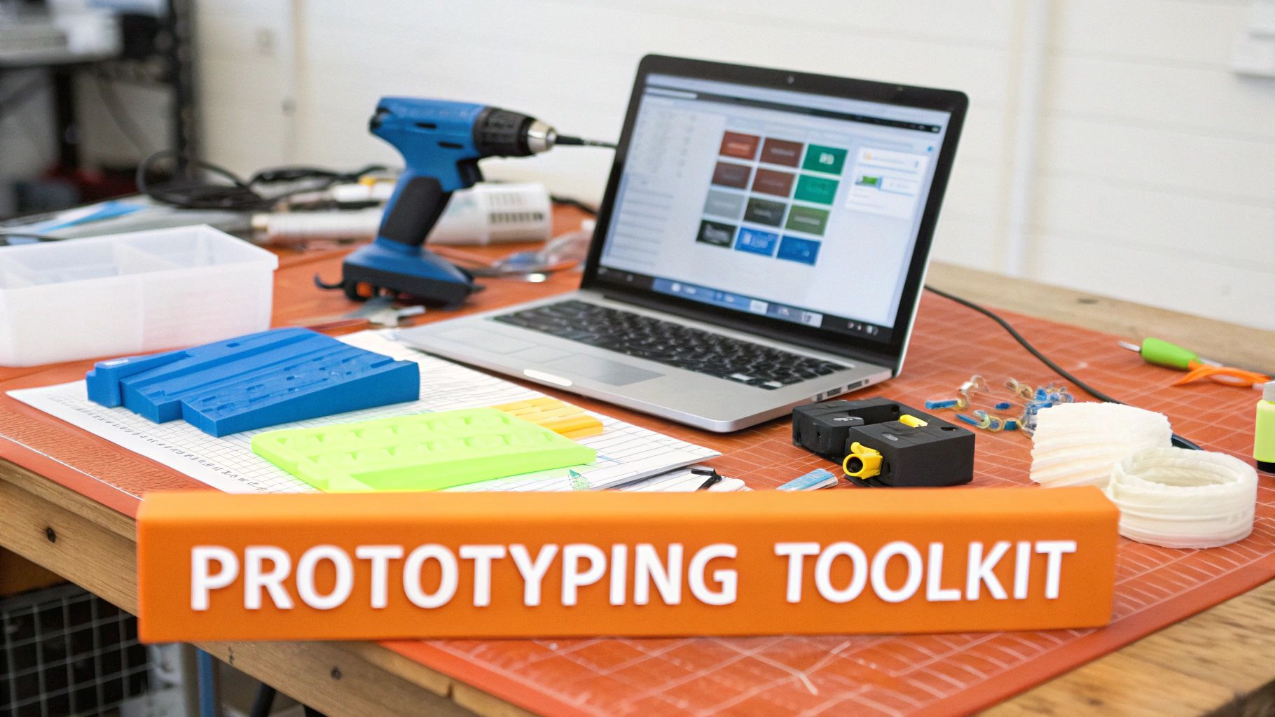 A prototyping workstation with a laptop, drill, 3D printed parts, and a "PROTOTYPING TOOLKIT" sign.