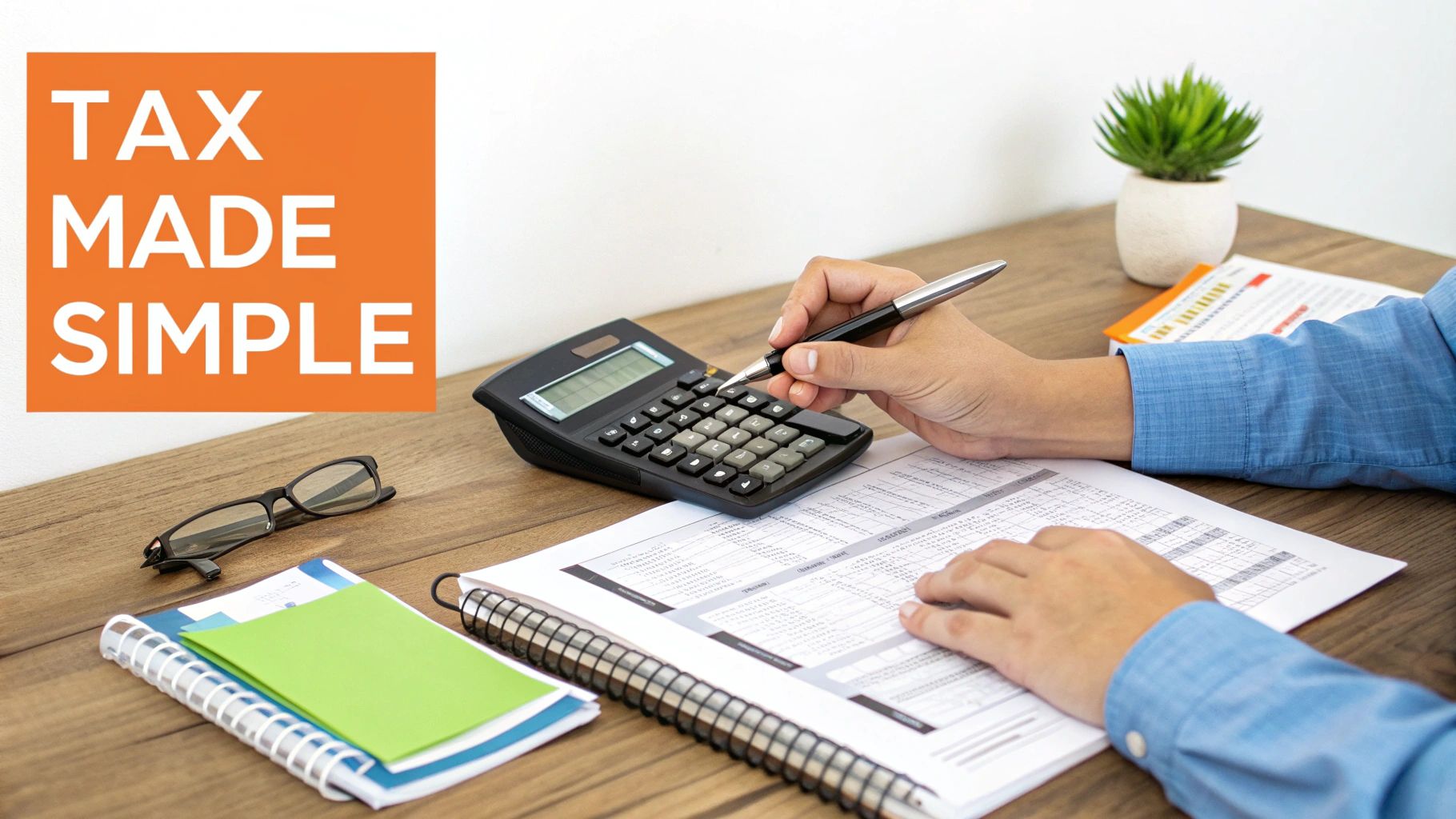 A person's hands using a calculator and pen on tax forms, with "TAX MADE SIMPLE" on an orange background.
