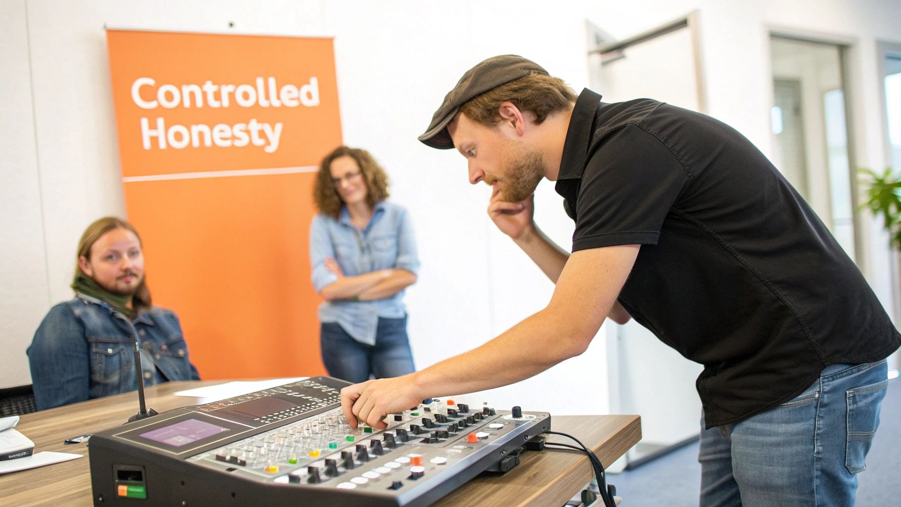 A man in a cap adjusts a sound mixer while two people observe, with a "Controlled Honesty" banner.