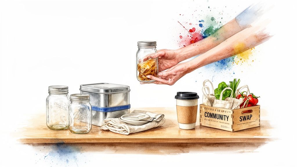 Various reusable containers, a community swap crate with produce, and hands holding a jar of food waste on a wooden table.
