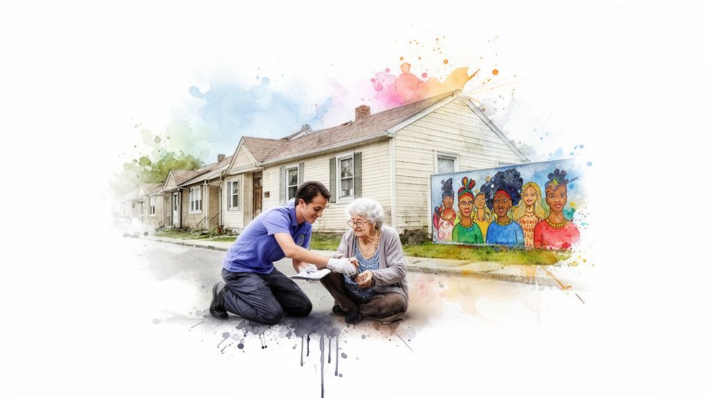 A young man helps an elderly woman on a street with houses and a vibrant mural.