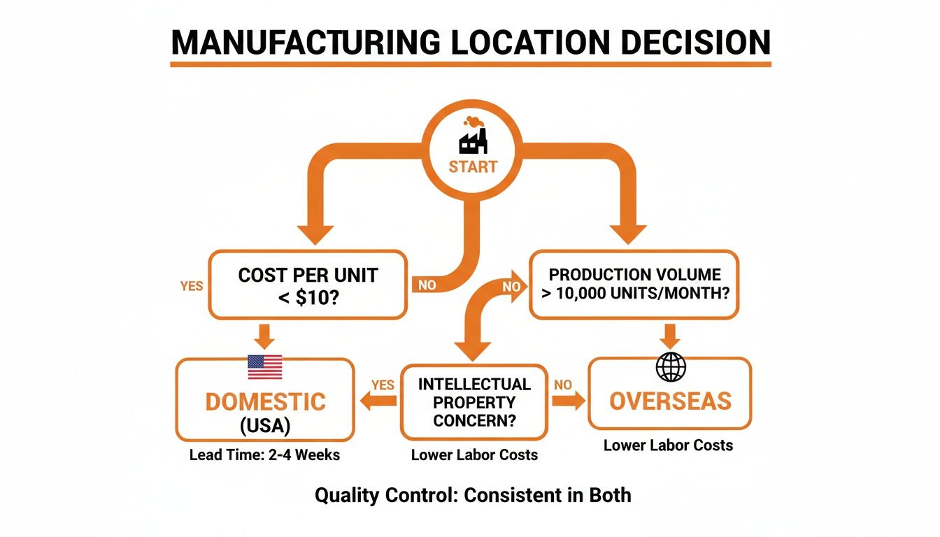 Flowchart illustrating a manufacturing location decision process, considering cost, volume, and intellectual property.