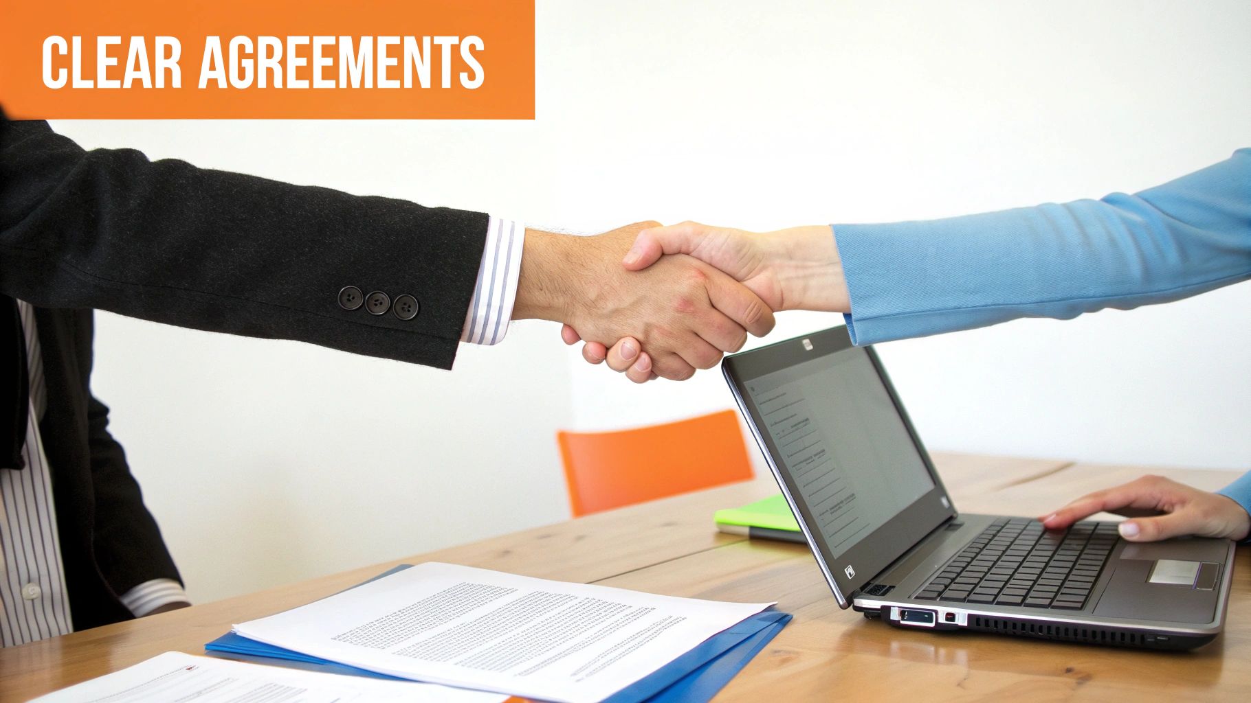 Two business people shake hands over a laptop and documents, symbolizing clear agreements and partnership.