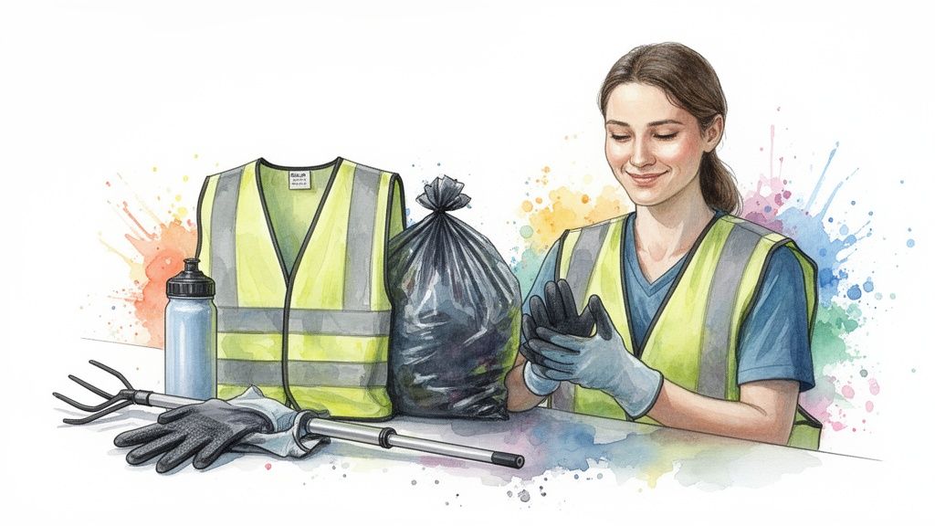 A smiling woman in a high-visibility vest and gloves, with a trash bag and cleanup tools.