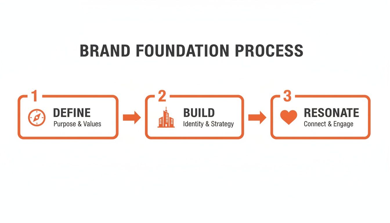 A diagram illustrating the 3-step Brand Foundation Process: Define, Build, and Resonate.