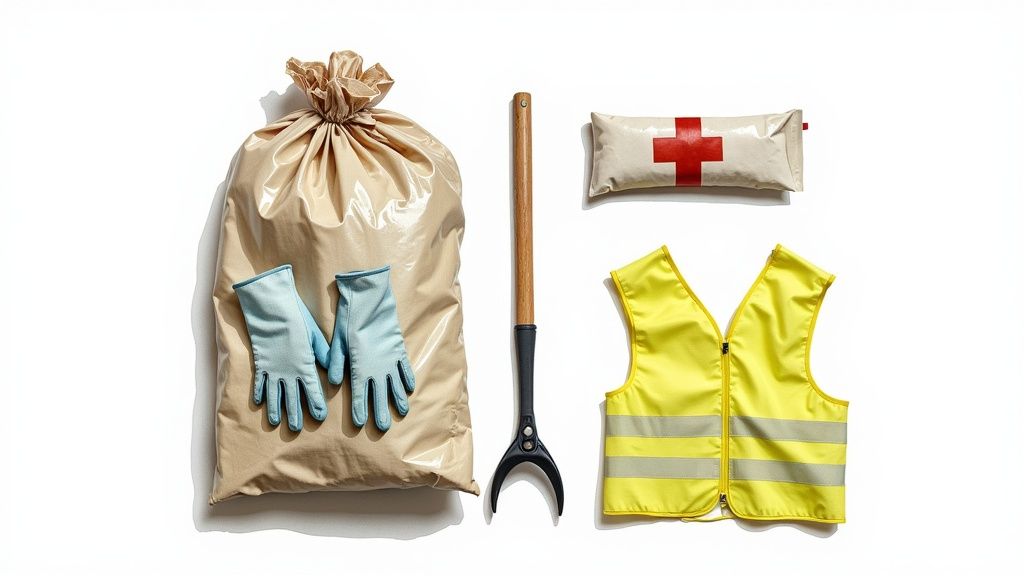 A flat lay of essential items for litter cleanup, including a trash bag, gloves, and a grabber tool, next to a first aid kit and a yellow high-visibility safety vest, all on a white background.