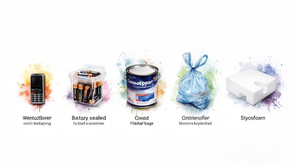 Various items depicted for recycling and waste disposal: a mobile phone, batteries, a paint can, a trash bag, and styrofoam.