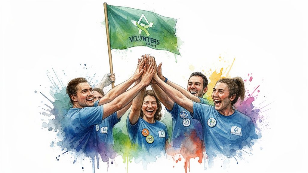 A joyful group of diverse volunteers in blue shirts giving a high-five under a green flag.