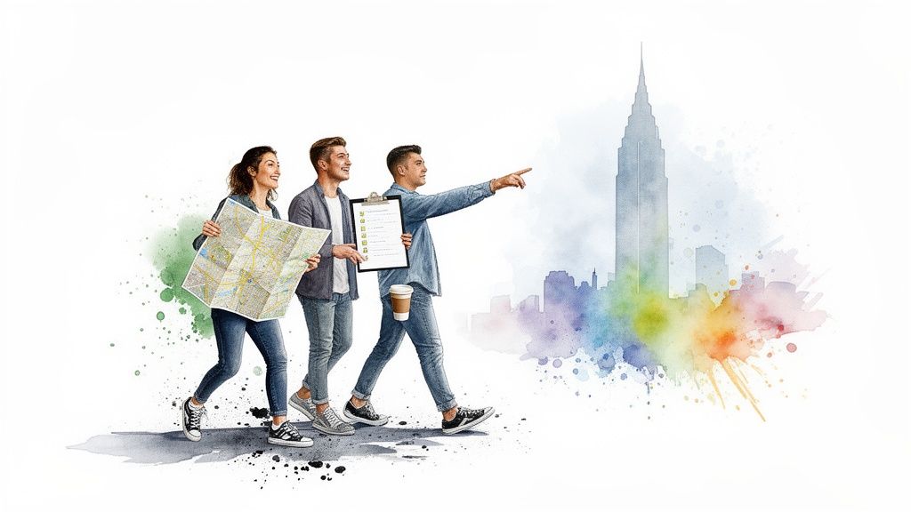 Three young people with a map and clipboard, pointing towards a colorful watercolor city skyline.