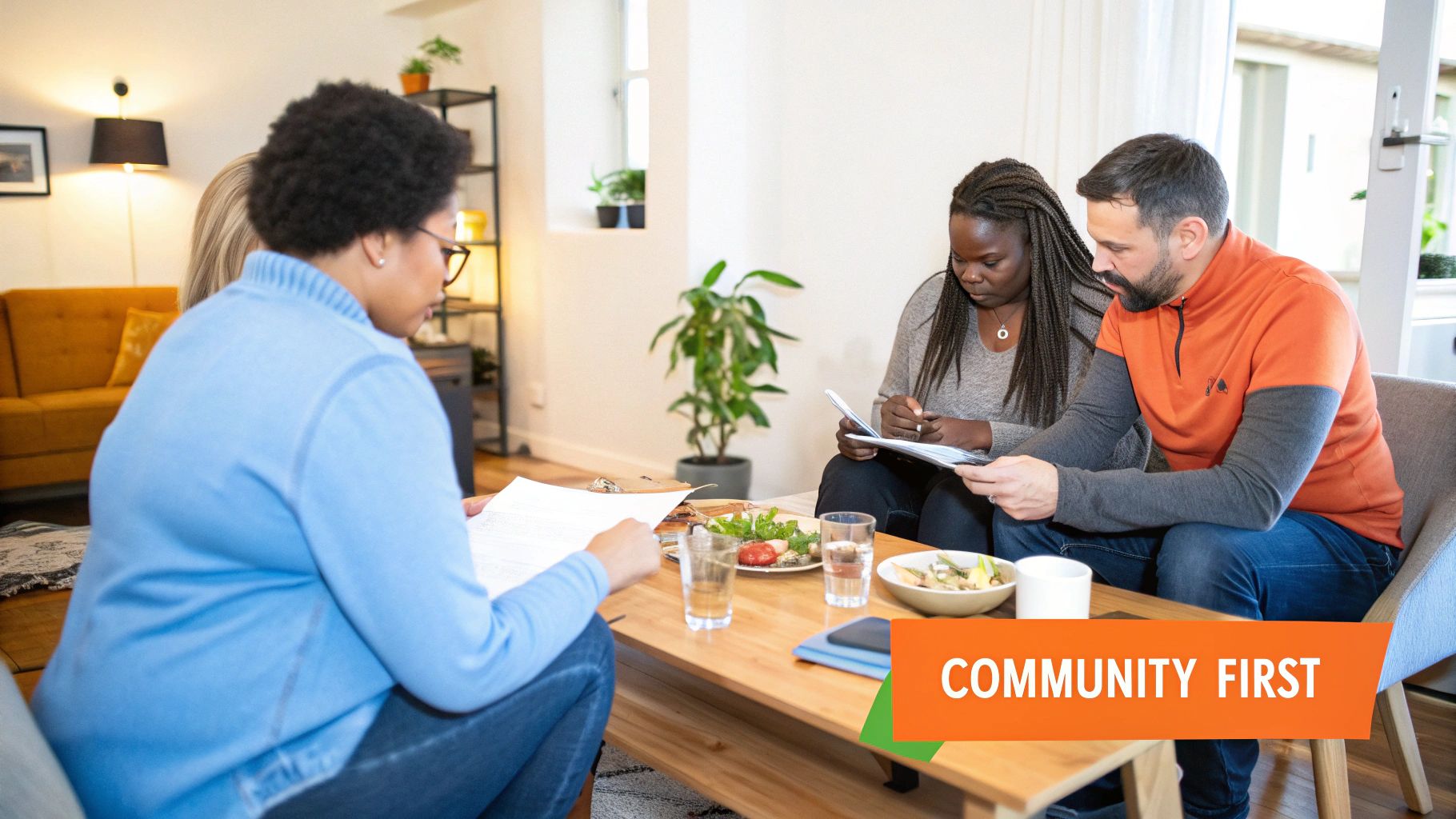 Diverse group of three adults having a meeting or consultation, reviewing documents in a bright living room.