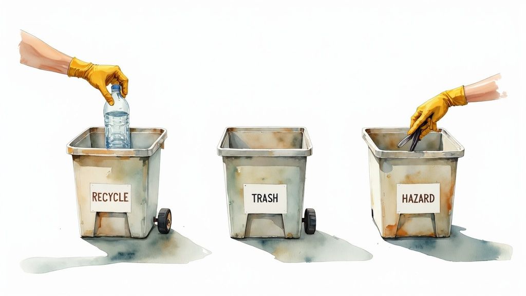 Hands in yellow gloves sorting a plastic bottle, general trash, and hazardous waste into labeled bins.
