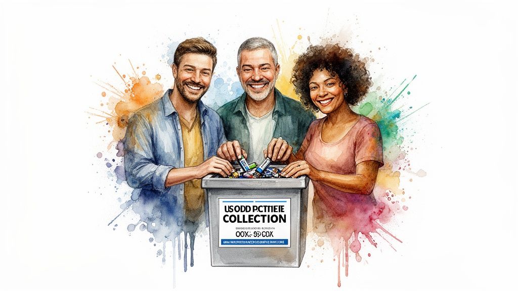Three smiling people, two men and a woman, actively placing batteries into a collection bin, surrounded by colorful watercolor splashes.