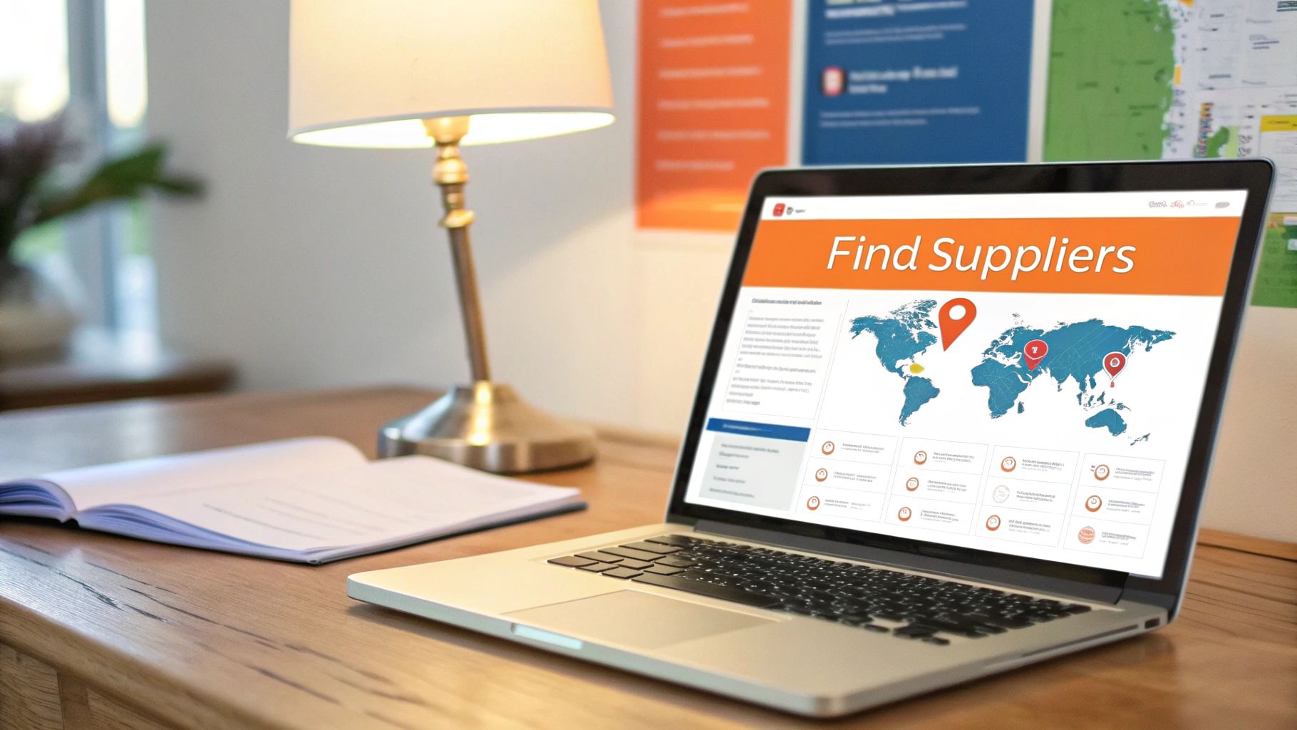 A laptop on a wooden desk displays a "Find Suppliers" webpage with a world map and pins.