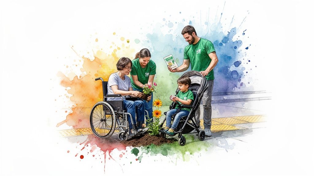 A diverse group, including a woman in a wheelchair, adults, and a child, plants flowers as community service.