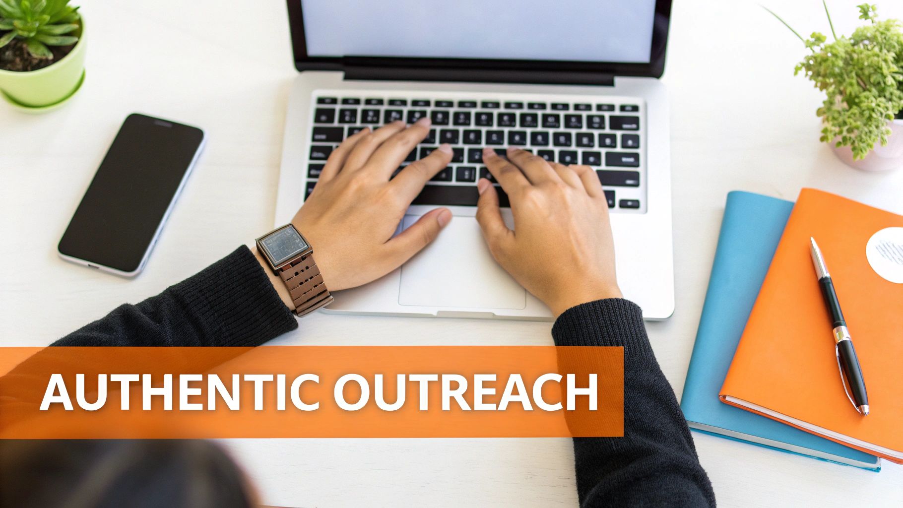 Person typing on a laptop with a smartphone and notebooks on a clean white desk, 'AUTHENTIC OUTREACH' text.