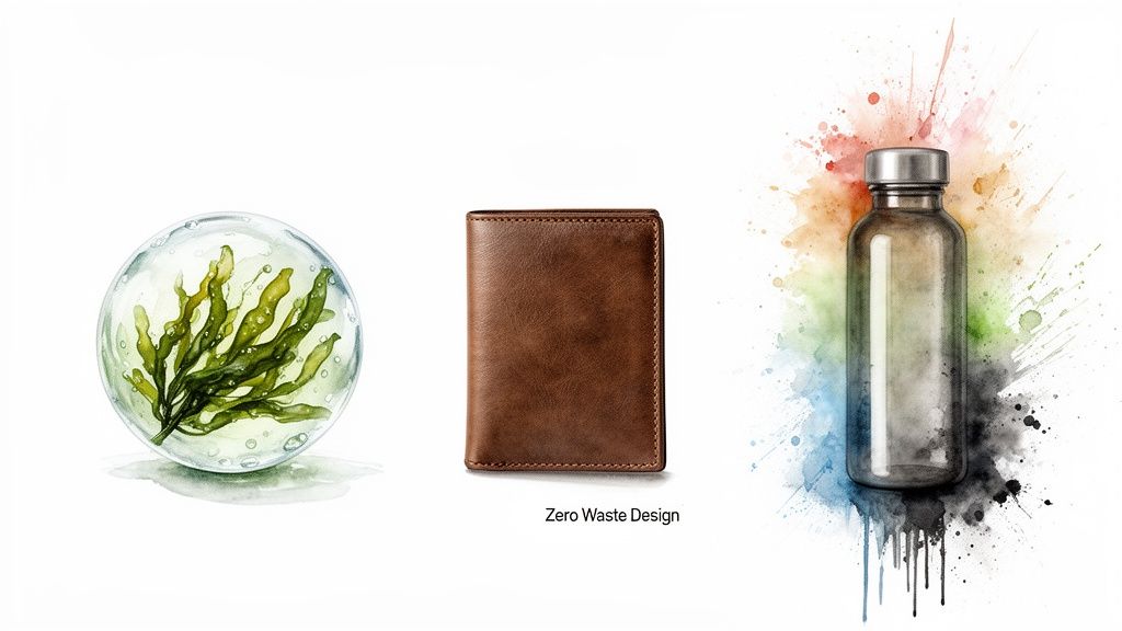 An illustration featuring seaweed in a bubble, a brown wallet, and a water bottle, representing zero waste design solutions.