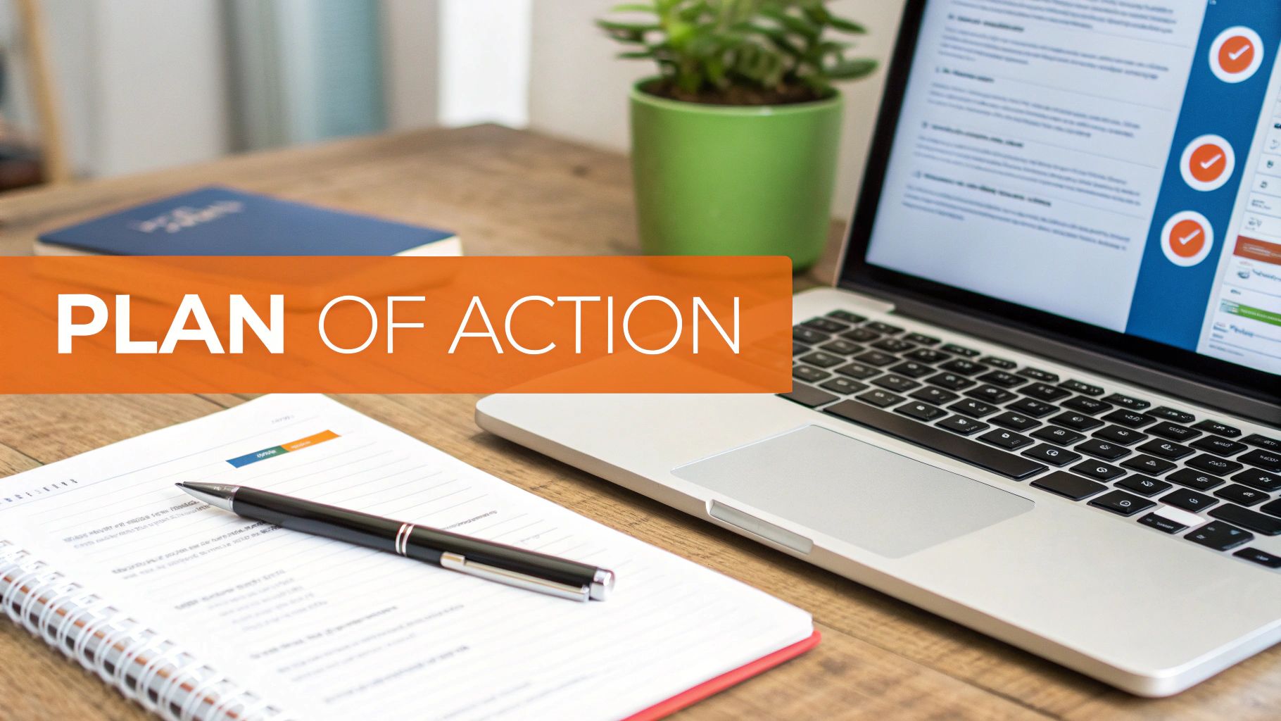 A workspace with a laptop, notebook, and a prominent orange banner displaying 'PLAN OF ACTION'.