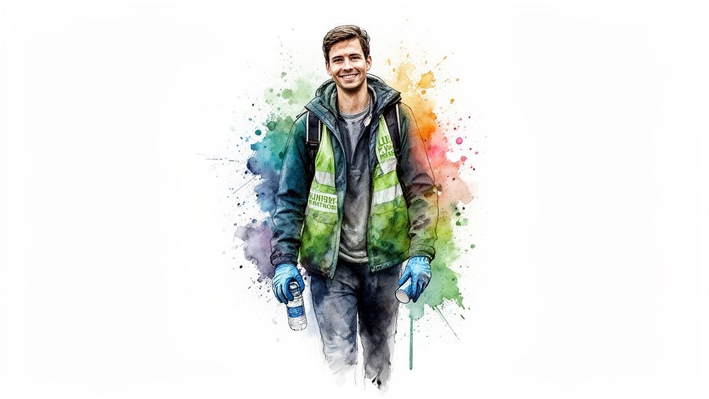 A smiling young man, a volunteer, in a safety vest and gloves holding a bottle and can, amidst colorful watercolor splashes.