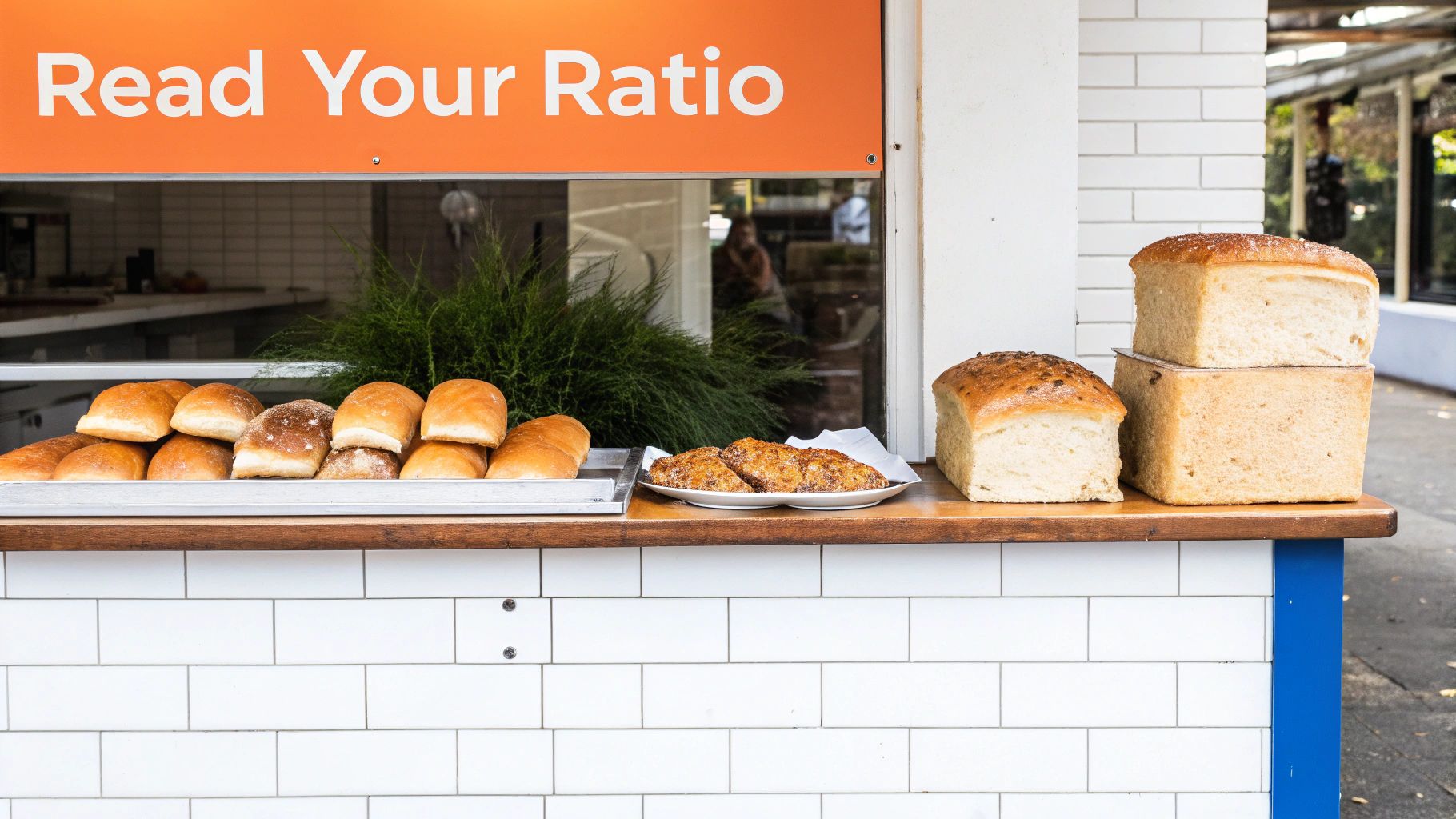 A counter filled with various freshly baked bread, including rolls and loaves, under an orange sign.