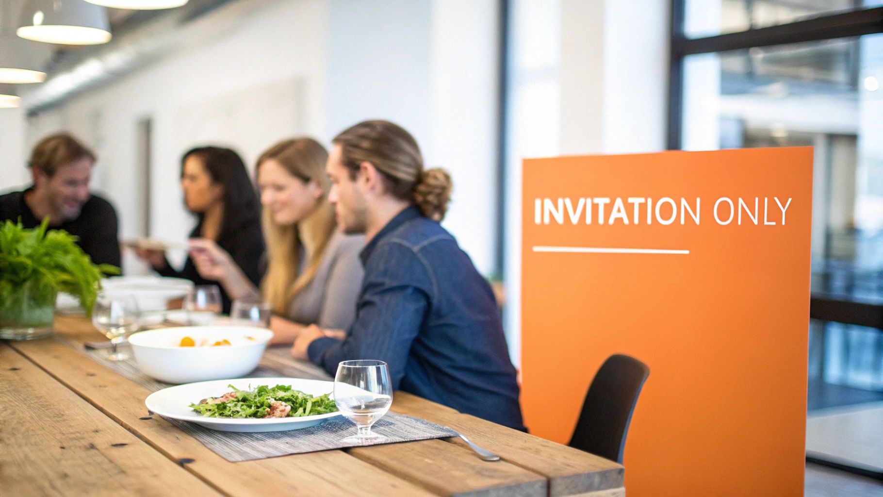 Group of people enjoying a private meal at a long wooden table with an 'Invitation Only' sign.