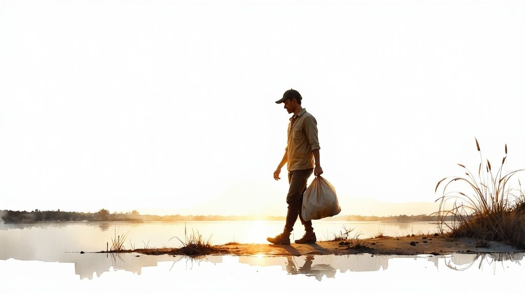 Man in a cap and shirt carrying a bag walks along a serene riverbank at golden hour.