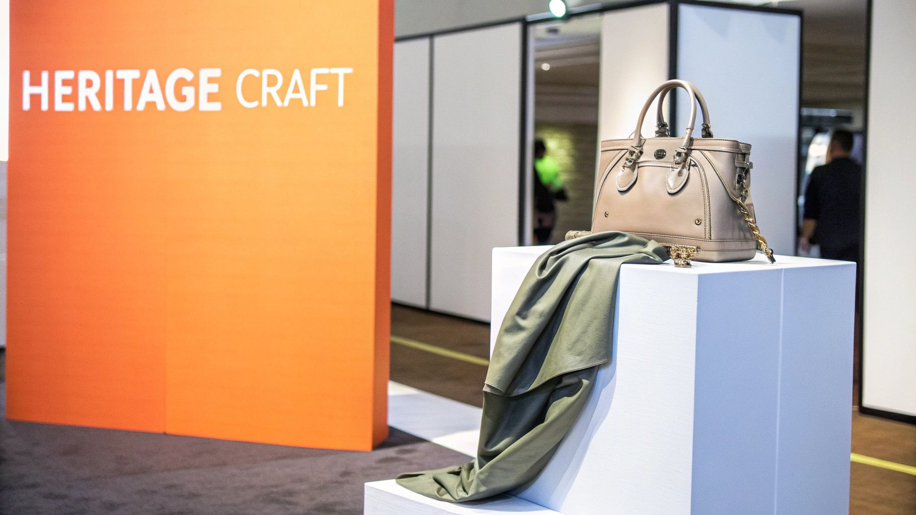 A beige leather handbag and olive fabric on a white display stand at an exhibition with a 'HERITAGE CRAFT' sign.