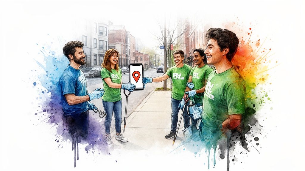 Diverse volunteers happily cleaning a city street, using an app to locate cleanup areas.