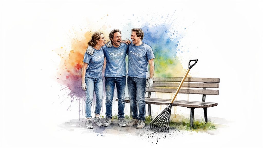 Three happy volunteers in blue shirts and gloves, laughing together near a park bench and rake.