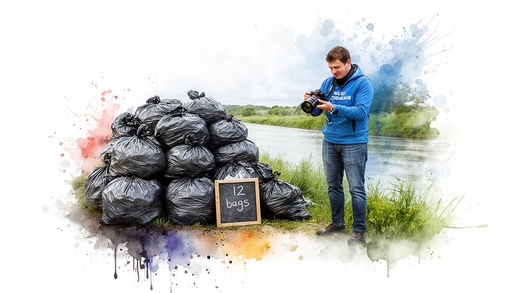 Man with a camera stands by a large pile of 12 black trash bags next to a river.