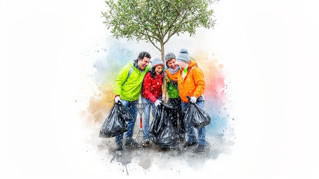 Diverse group of smiling volunteers clean a park with trash bags and rakes under a tree.