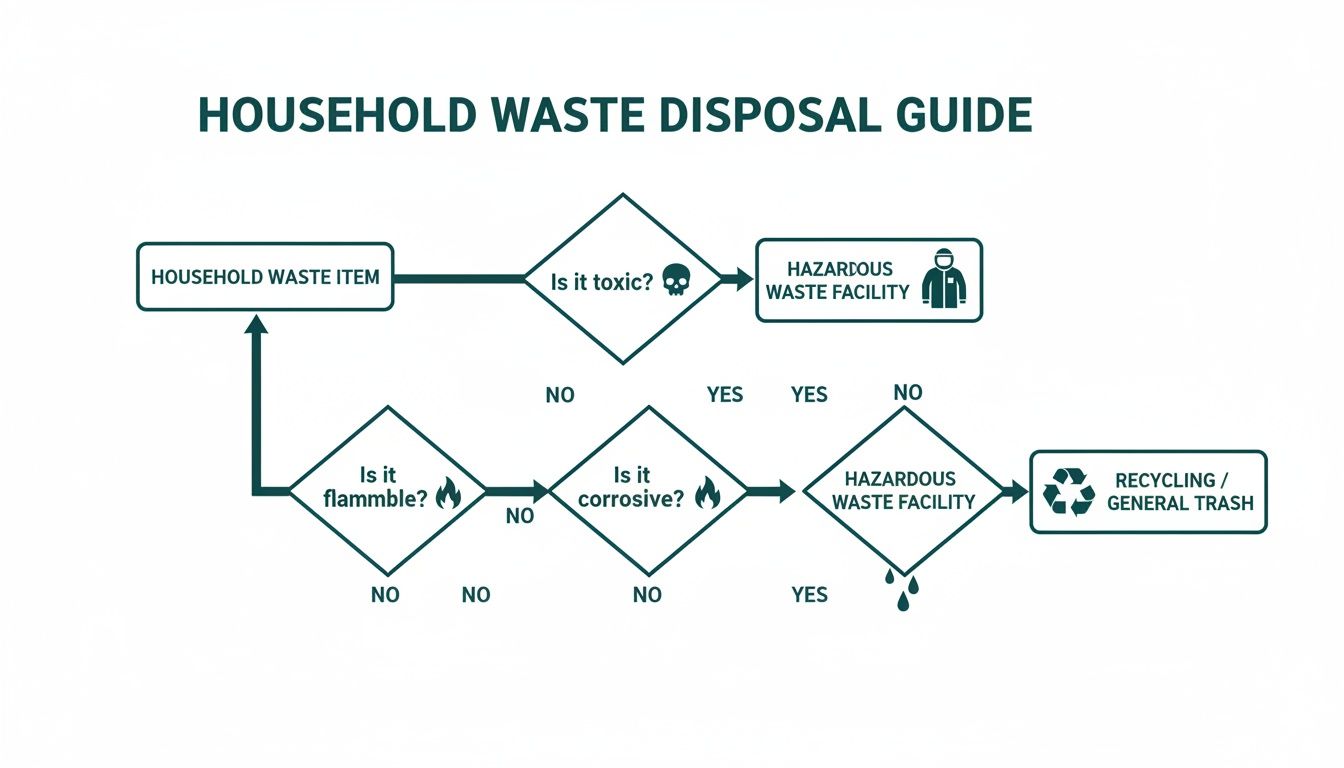 A flowchart diagram for household waste disposal, guiding users to hazardous waste facilities or recycling based on toxicity, flammability, and corrosiveness.