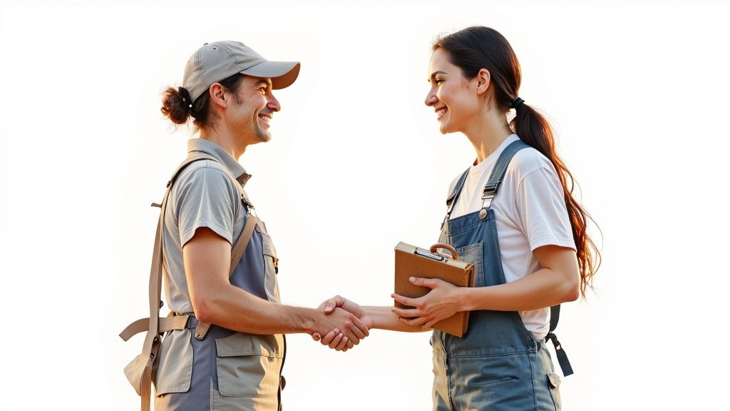 Two smiling professionals in work attire shaking hands, representing partnership and successful collaboration.