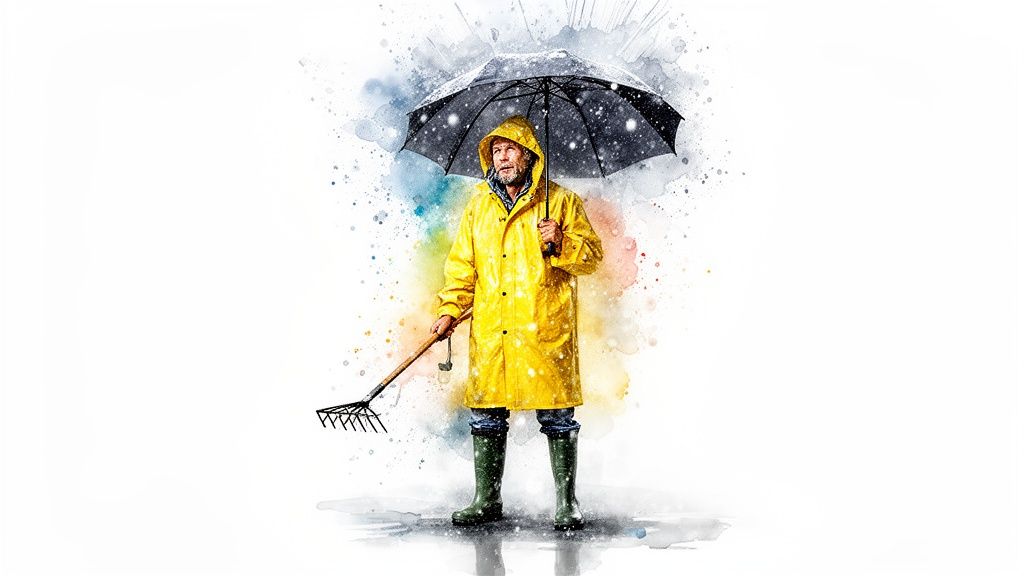 A man in a yellow raincoat and green boots holds an umbrella and a rake in the rain.
