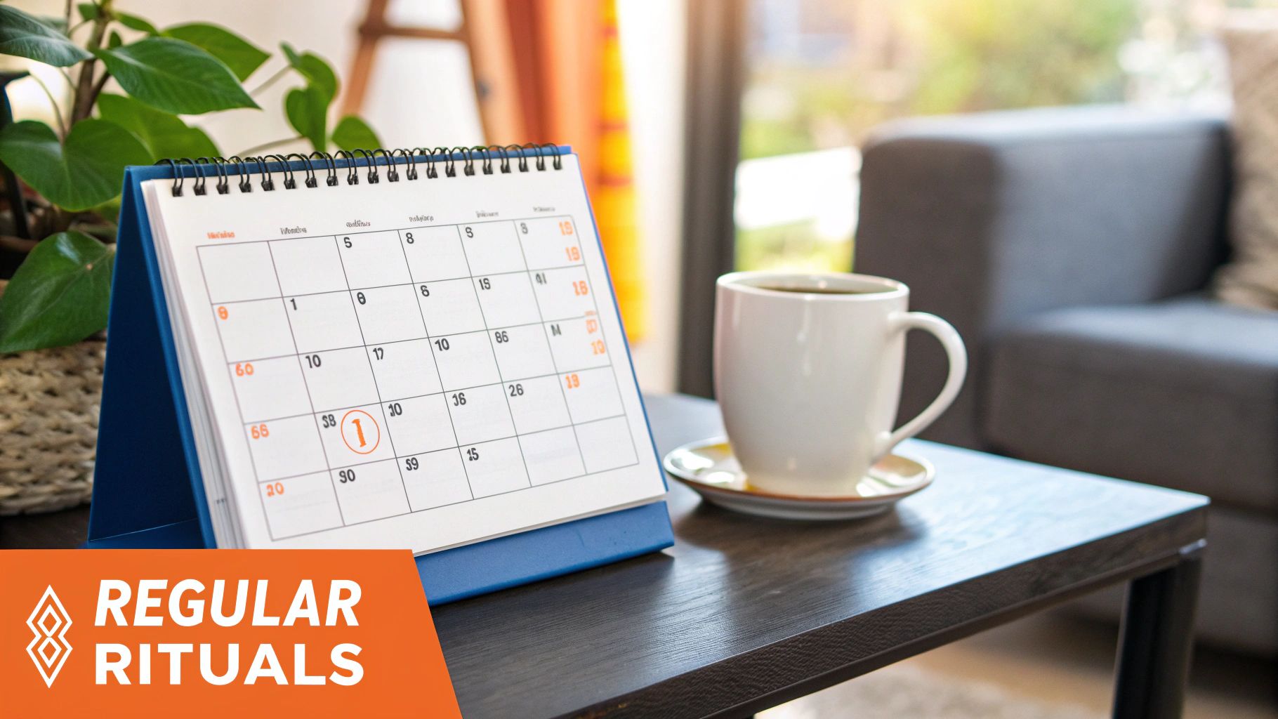 A desk calendar with '1' circled, a coffee cup, and a plant on a table in a living room.