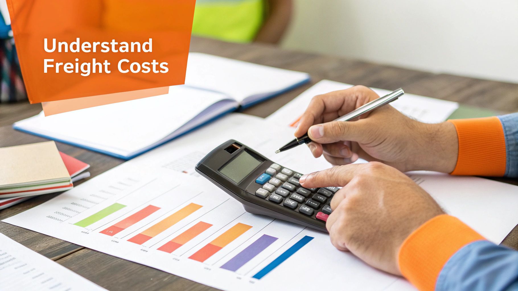 Close-up of hands calculating freight costs on a calculator, with charts and documents on a desk.