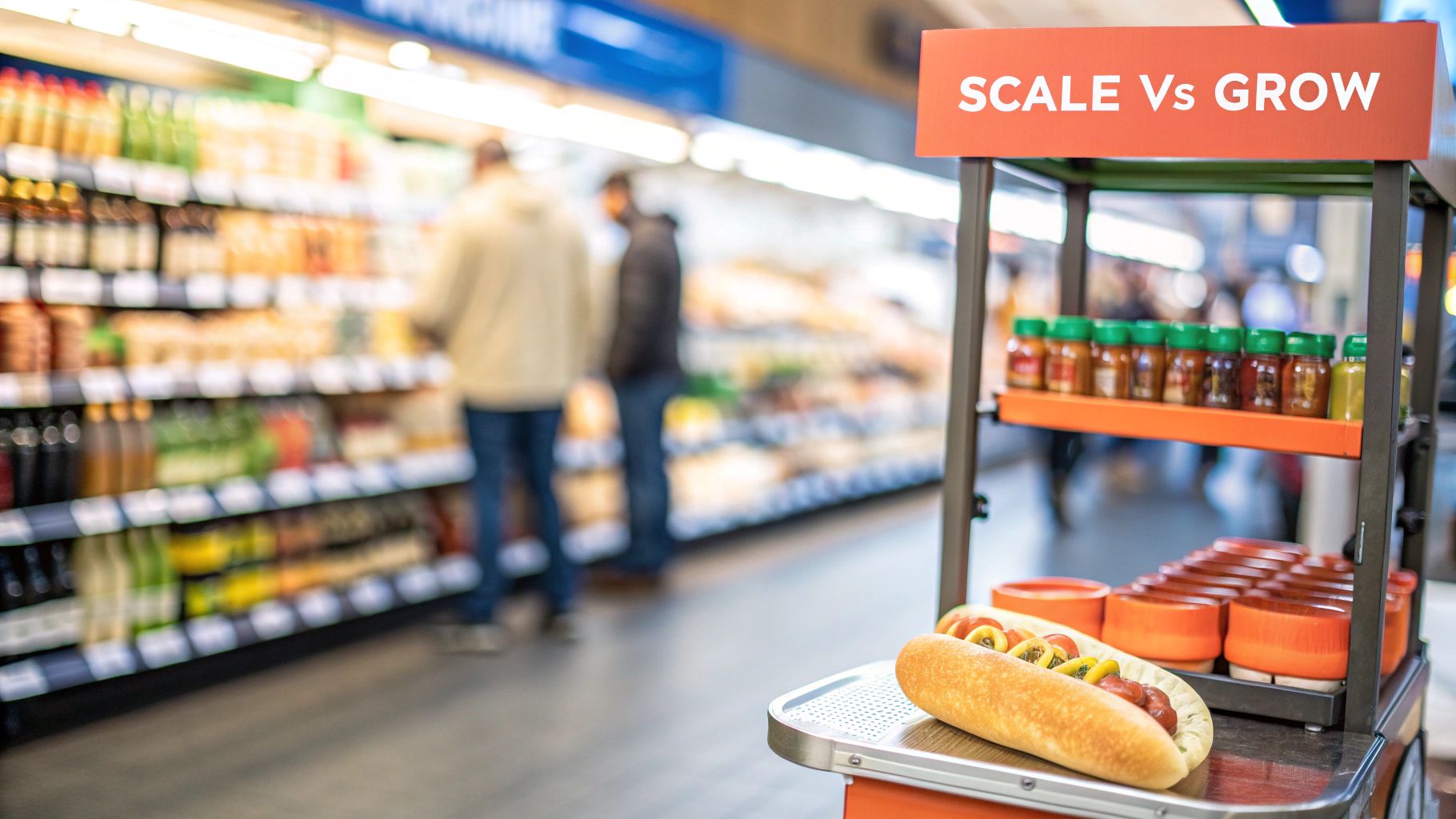 A hot dog stand with a 'SCALE Vs GROW' sign, condiments, and a prepared hot dog in a store.