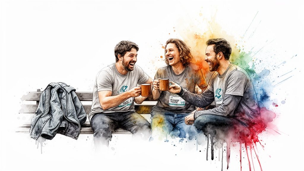 Three laughing men toasting with mugs on a bench, surrounded by colorful watercolor splashes.