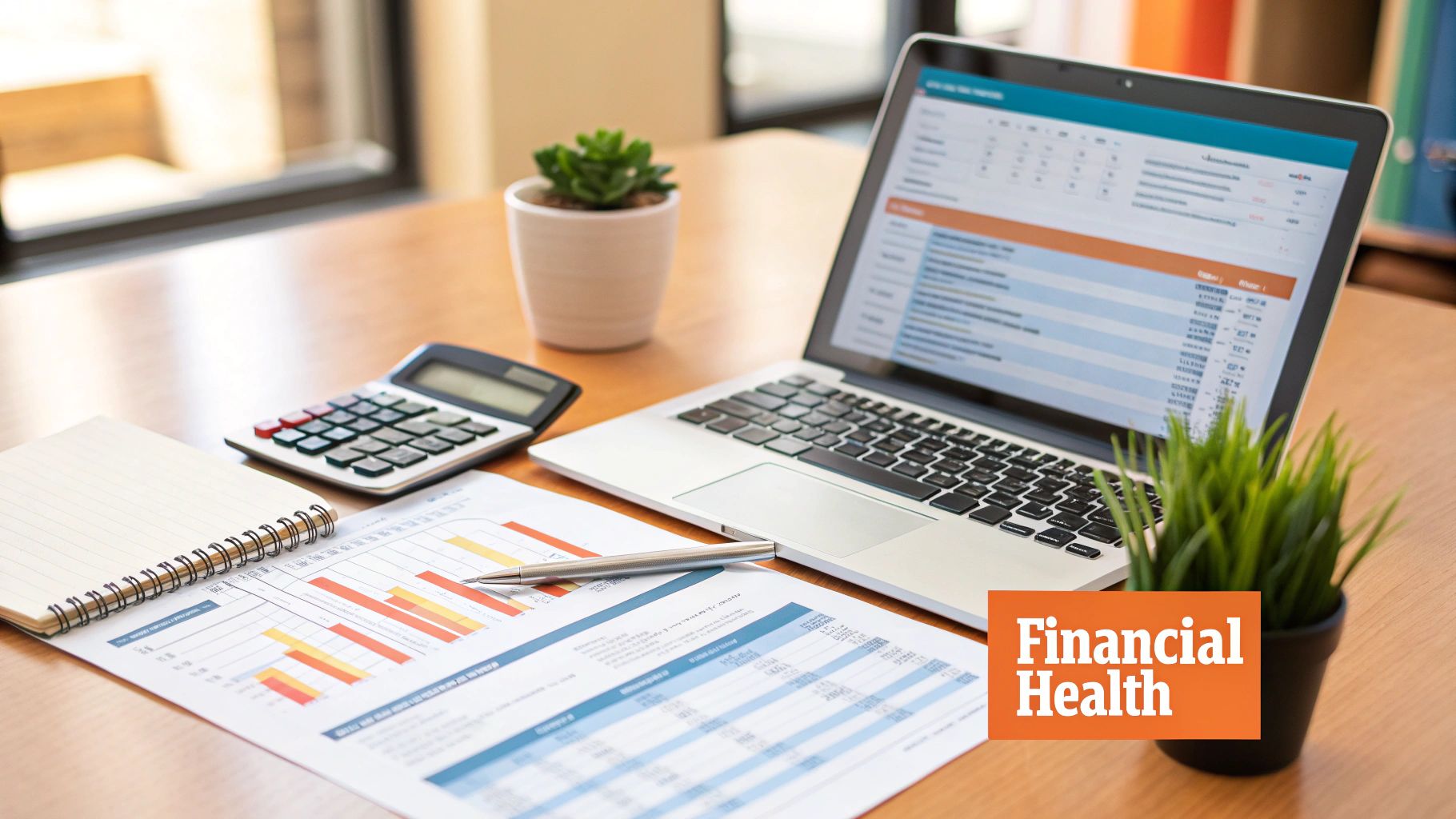 A desk with a calculator, laptop displaying data, financial charts, a notebook, and a pen.