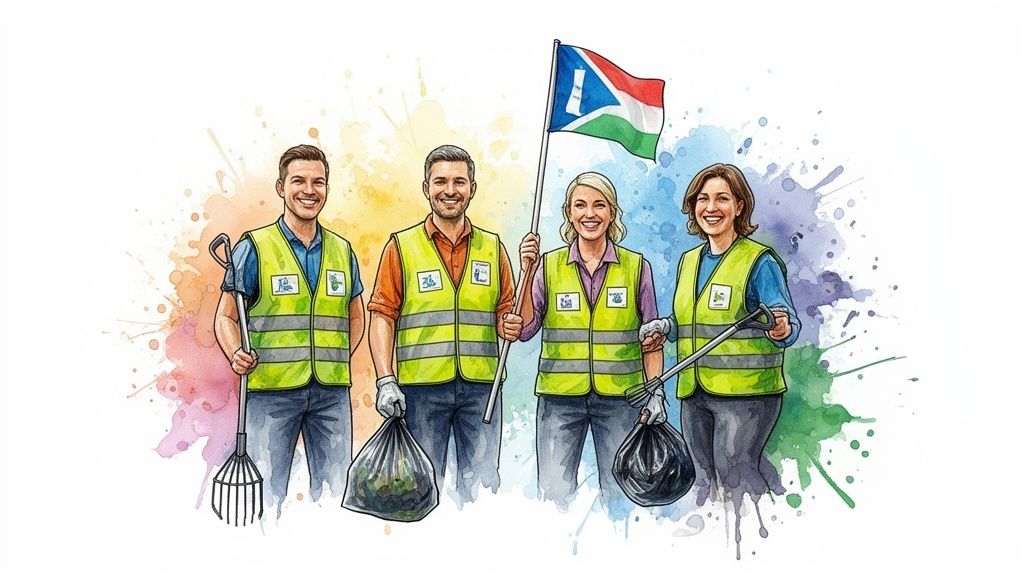 Four smiling volunteers in safety vests with cleanup tools, trash bags, and a flag.